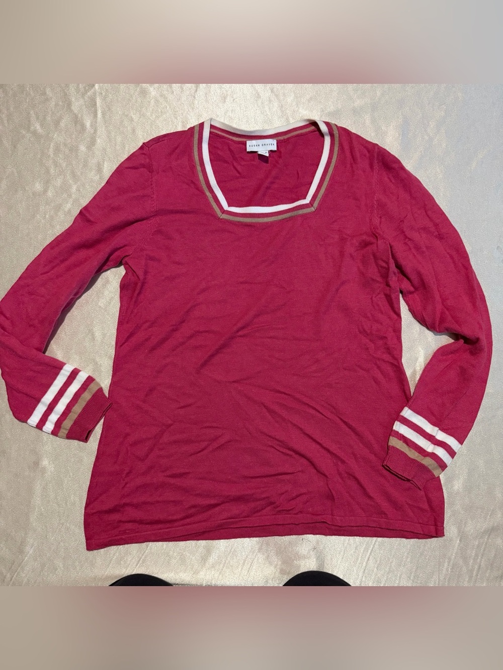 Susan Graver Long-Sleeve Square-Neck Sweater with Tipping Detail medium